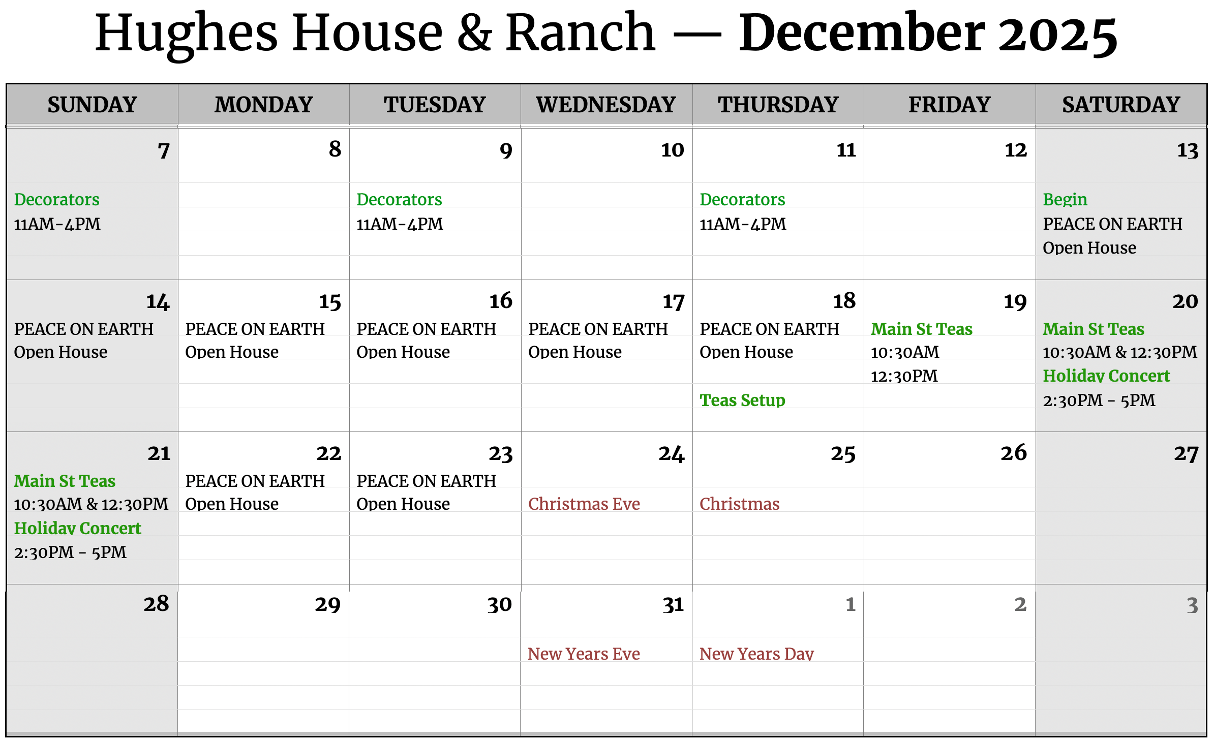 Hughes House Christmas Planning Calendar